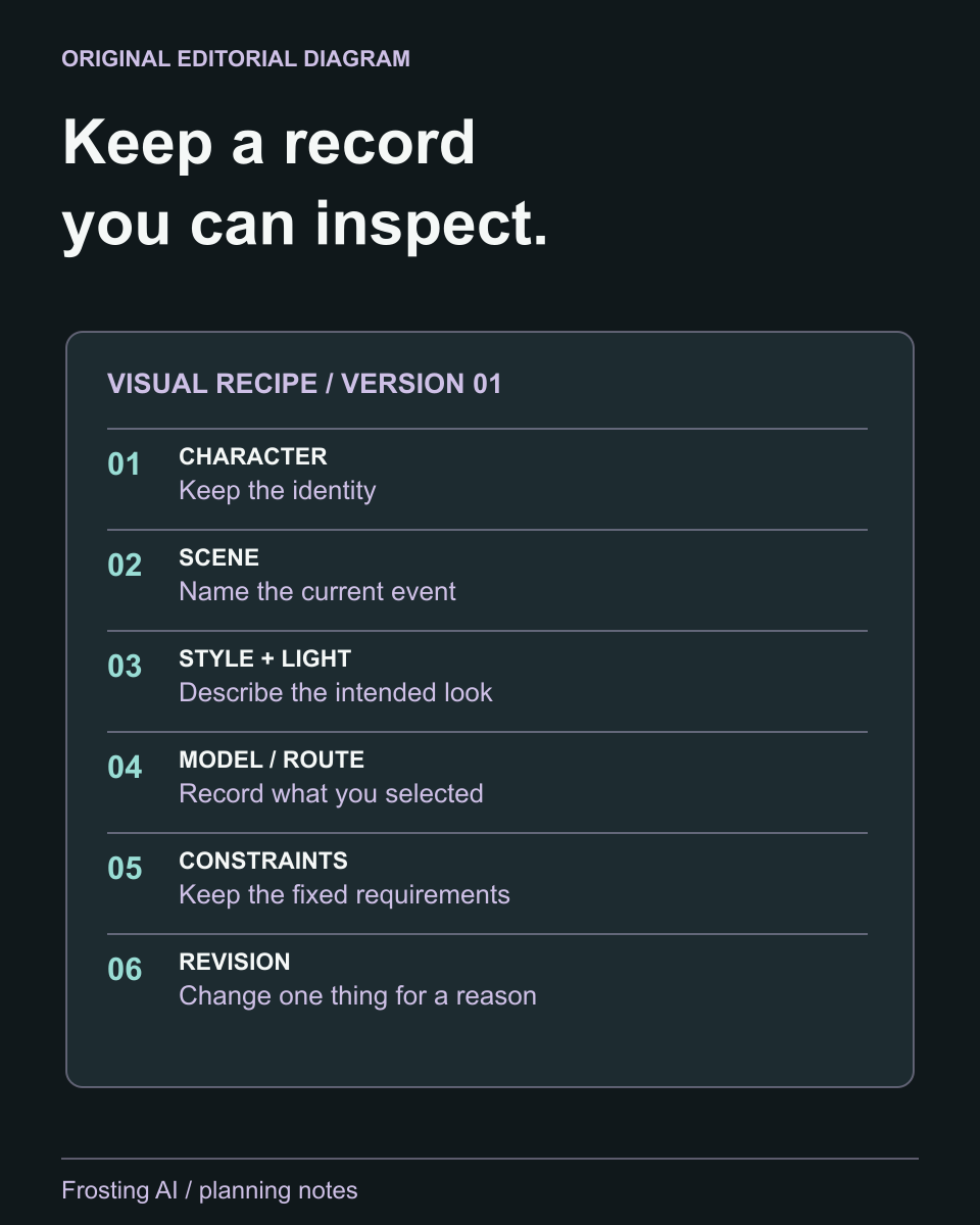 Original visual-recipe planning record with six fields: character, scene, style and light, model or route, constraints, and revision note. Keep fixed requirements separate from the one change being evaluated. This is not an imported Frosting workflow.