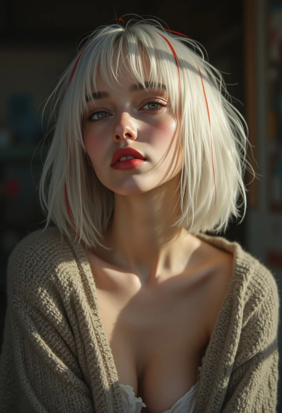 Close portrait of a blonde woman in a textured cream sweater.